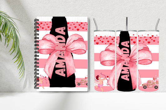 Personalized Valentines Bow Notebook and Tumbler Set